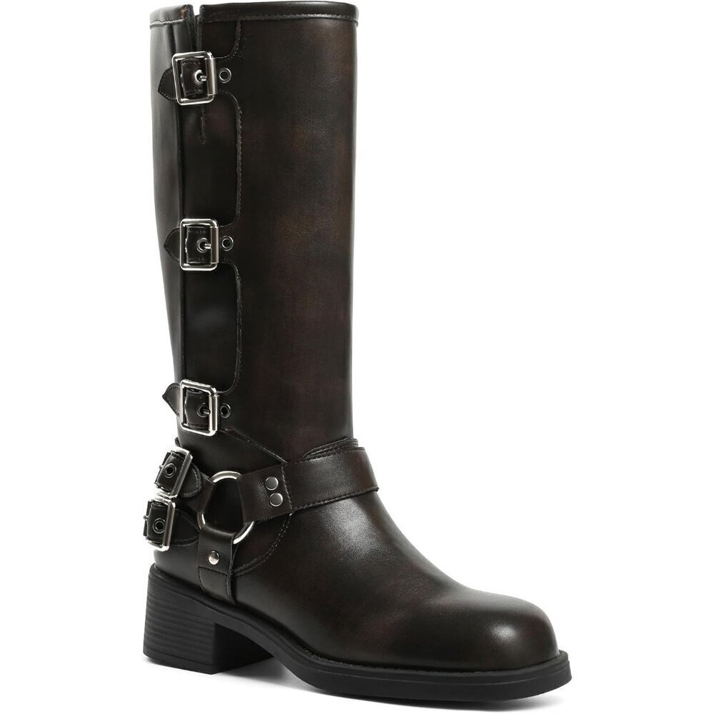 Women's Brown AMINUGAL Knee High Boots Square Toe Wide Calf Chunky Heel